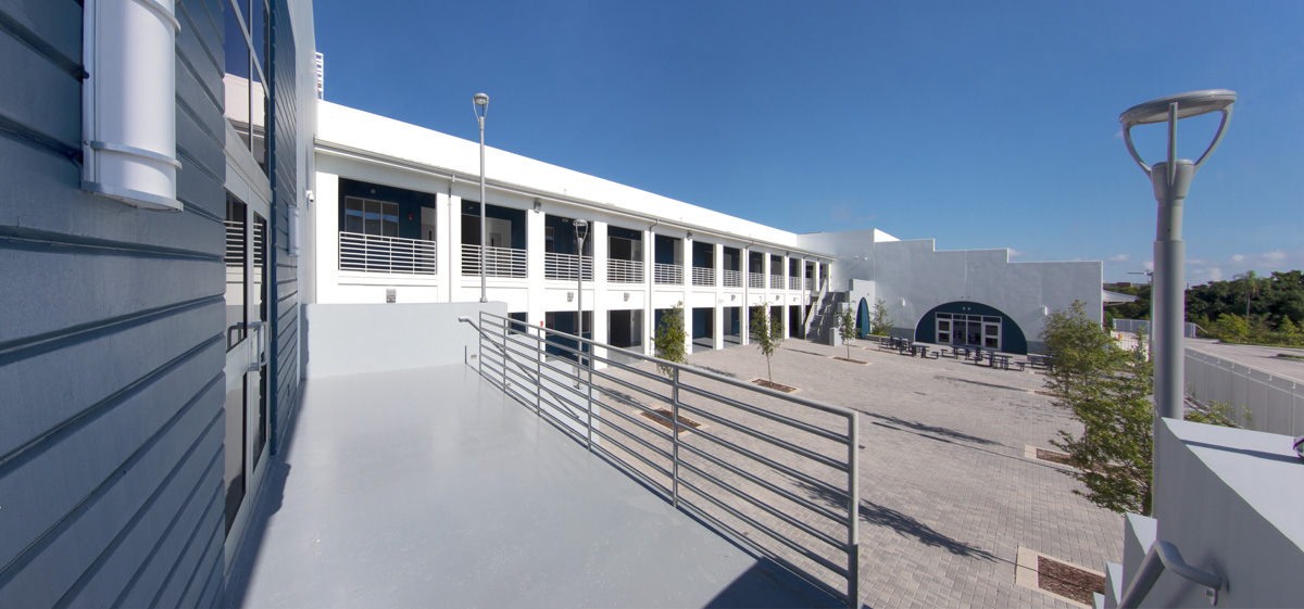 Architectural view of the courtyard at Pinecrest prep charter k-12 school in Miami.